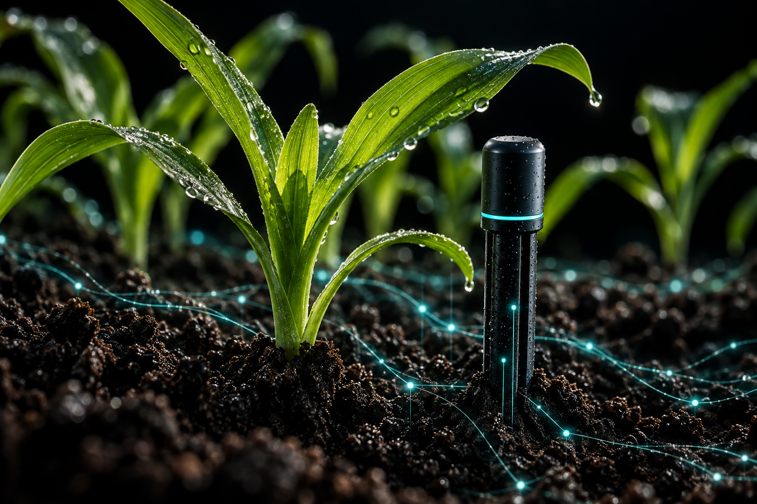 Agricultural sensor beside a healthy crop leaf
